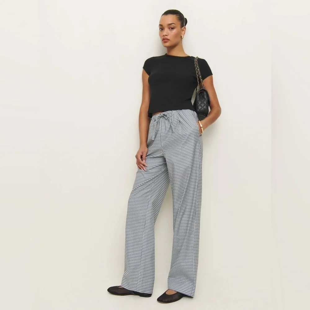 NWT Reformation Micah Cotton Pant in Slate Check Gingham Navy White | size S - Picture 2 of 9